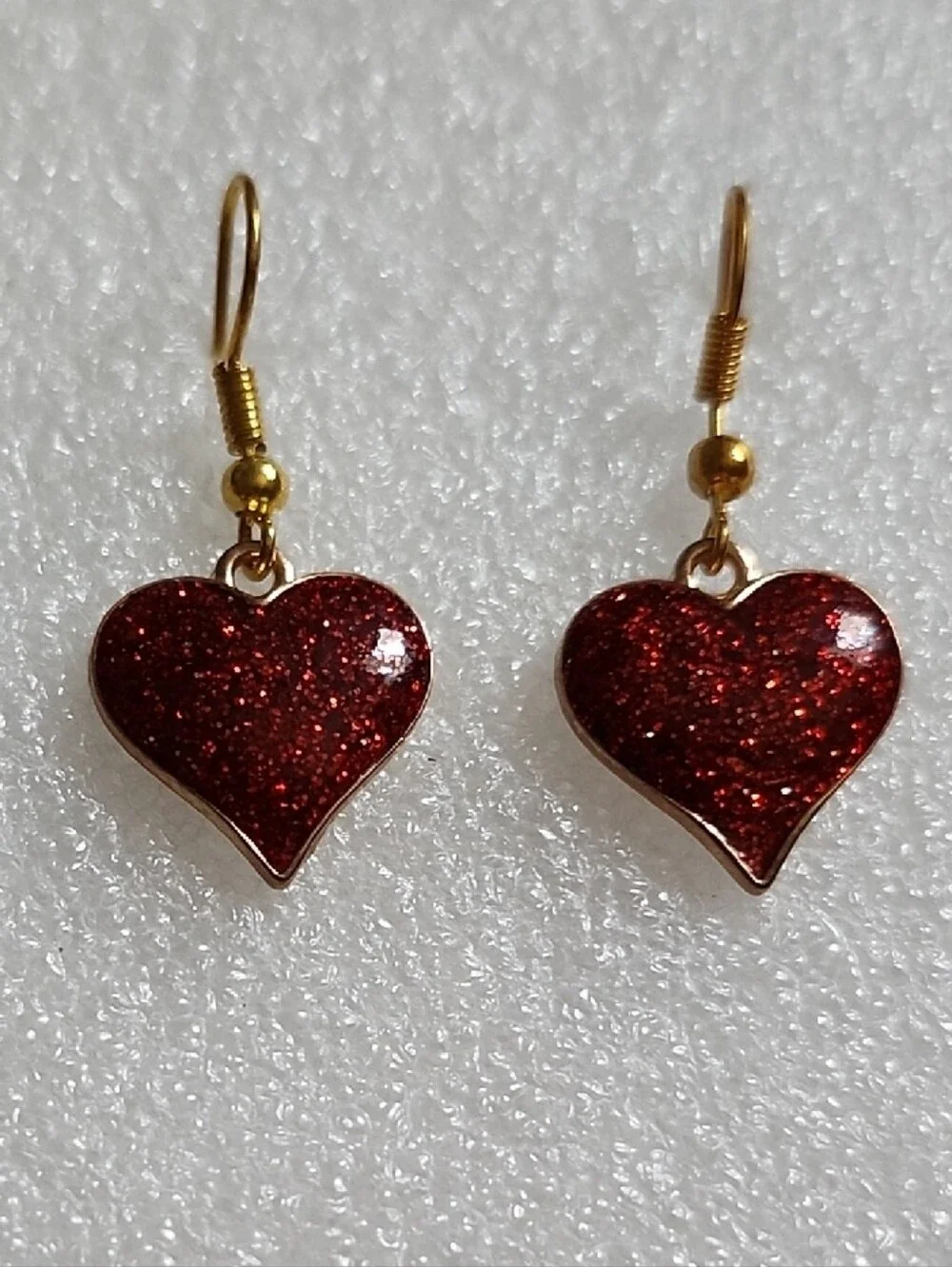 Hand Crafted Red Glitter Heart Drop Earrings with Gold Hooks
